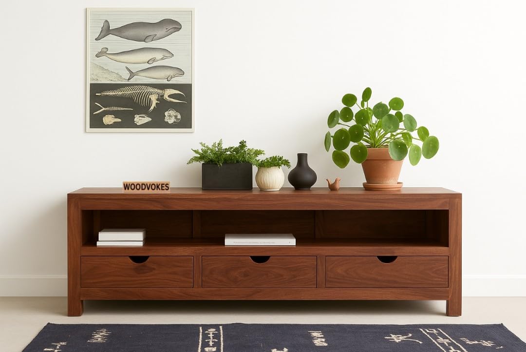 Solid Sheesham Wood TV Unit with 3 Storage Drawers