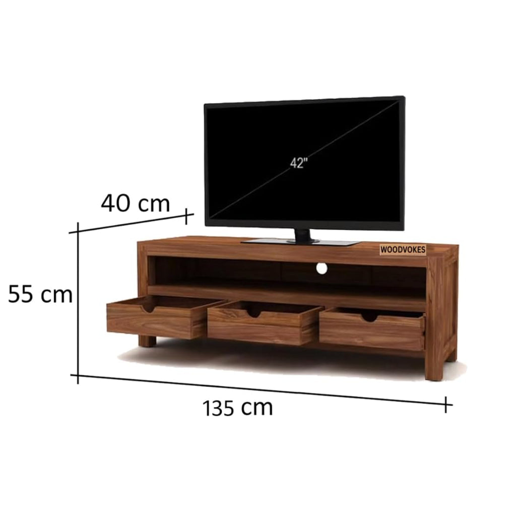 Solid Sheesham Wood TV Unit with 3 Storage Drawers