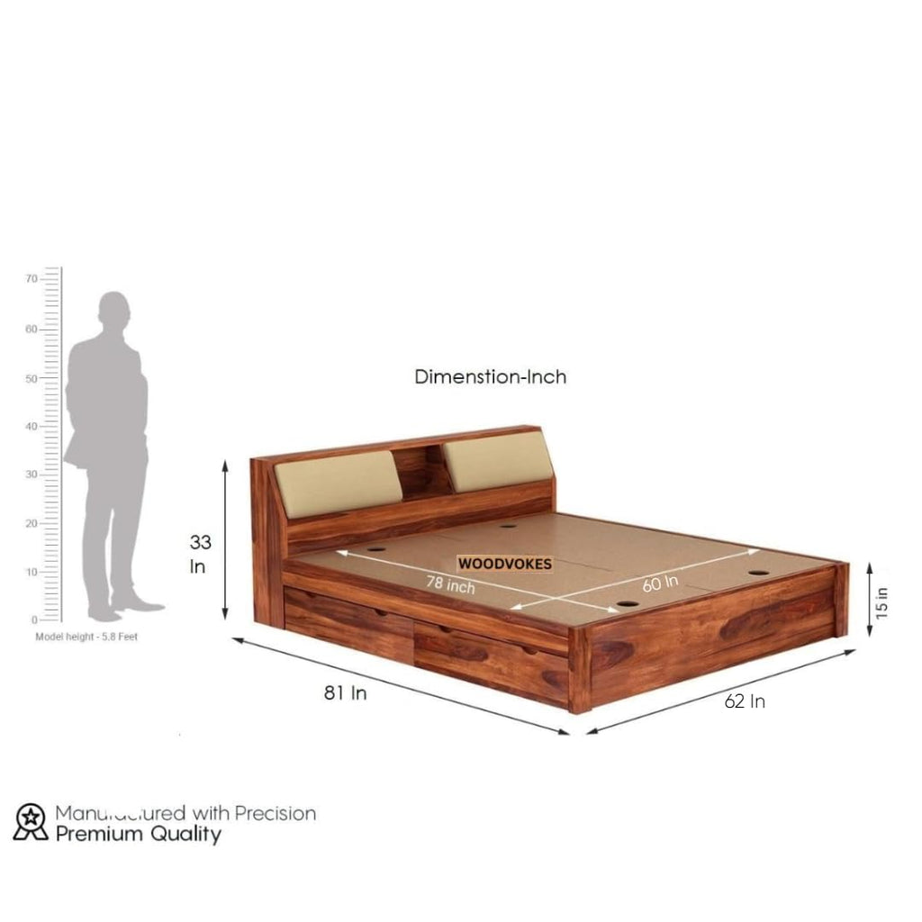 Solid Sheesham Wood Queen Size Bed with 4 Drawer Storage