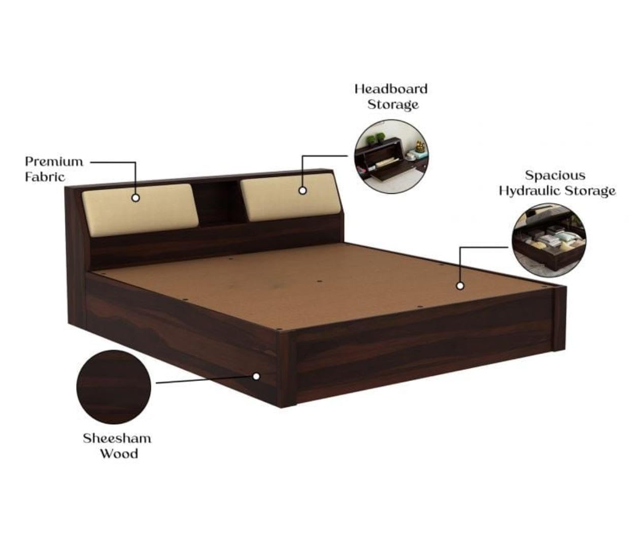 Solid Sheesham Wood queen size Bed with  Storage