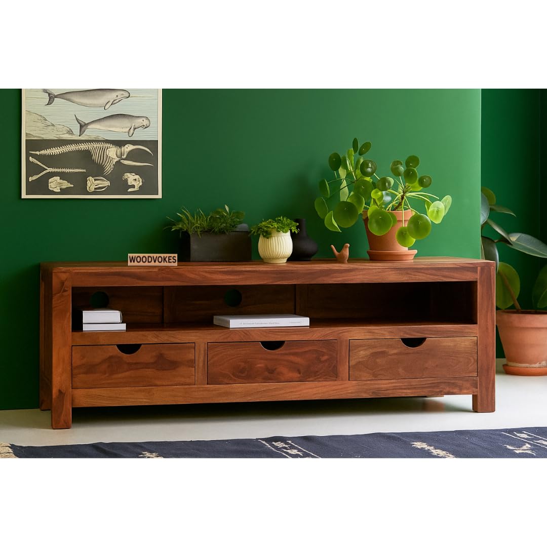 Solid Sheesham Wood TV Unit with 3 Storage Drawers