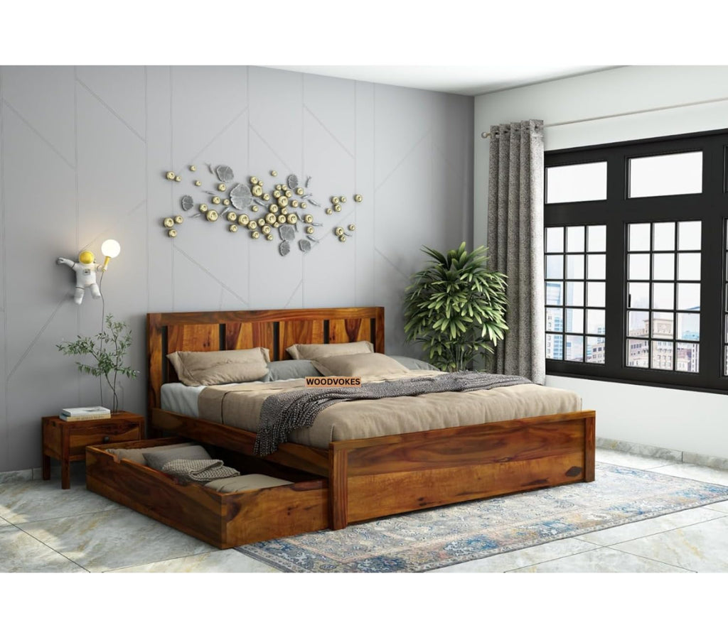 Solid Sheesham Wood King Size Bed |2 Box Drawers Storage