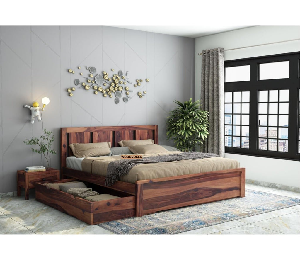 Solid Sheesham Wood King Size Bed |2 Box Drawers Storage
